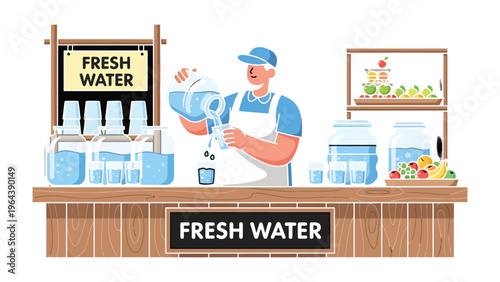 Fresh Water Dispensing: A cheerful attendant pouring crystal clear water from a jug into a glass at a fresh water stand. The scene radiates freshness and health.