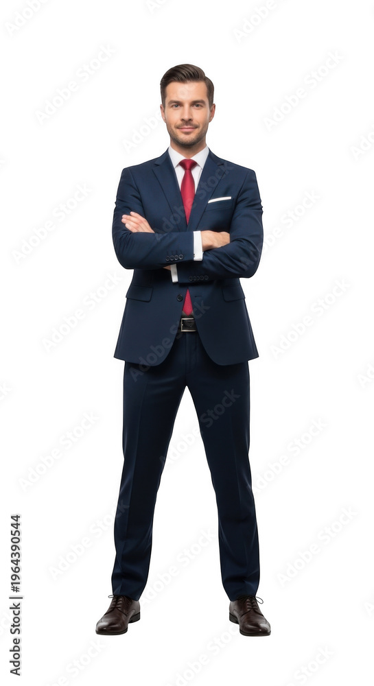 Obraz premium Confident professional man in a dark suit with arms crossed standing upright isolated on transparent background,png