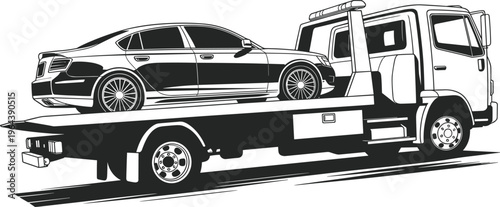 Tow truck carrying a broken down sedan car on a flatbed trailer line art illustration isolated on white background for automotive services.