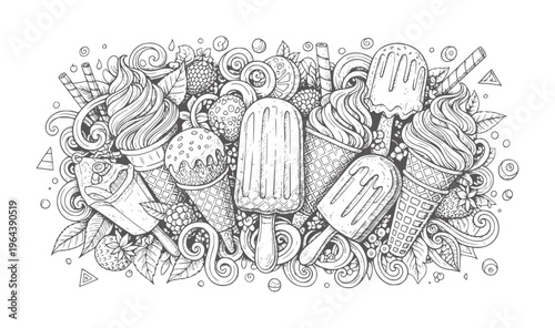 Hand drawn ice cream cones popsicles and berries doodle berry
