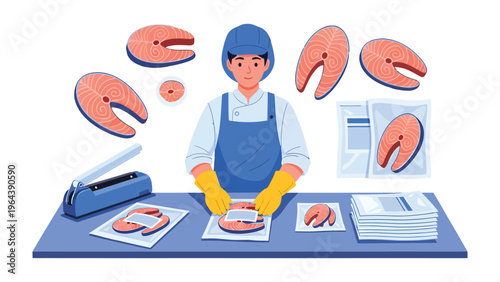 Fishmonger's Precision: A skilled fishmonger expertly prepares fresh salmon fillets, meticulously packaging each portion for optimal presentation and freshness.