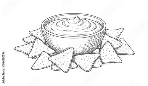 Hand drawn nachos and dip in a bowl food snack
