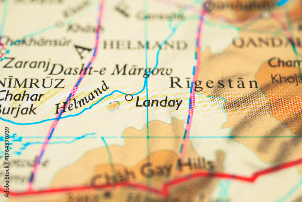 Naklejka premium Atlas detail highlighting Rigistan desert near Kandahar province.