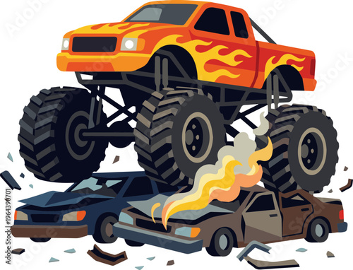 Powerful monster truck design illustration crushing wrecked cars in dynamic demolition event concept