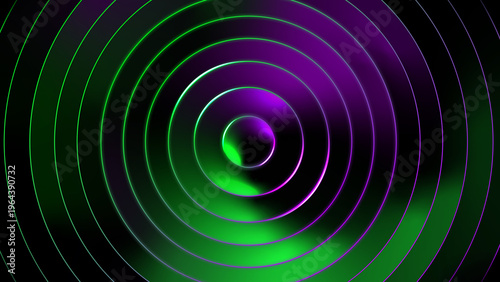 3d rendering. Abstract circular spiral waves. Iridescent neon gradient in green and purple. Concentric rings with glowing edges on black background. 