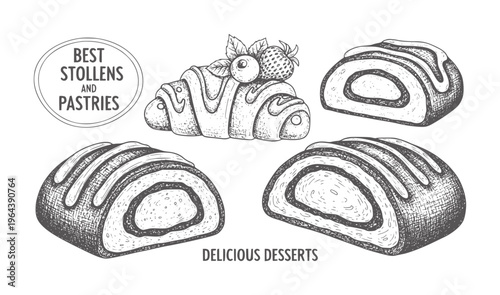 Hand drawn pastries and stollen with berries and text pastry croissant berry strawberry