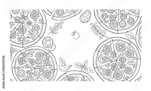 Hand drawn pizza slices and whole pizzas with tomato and basil food italian handdrawn
