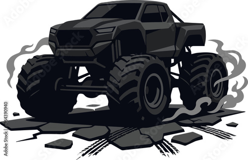 Monochrome vector illustration of a dominant monster truck crushing ground with powerful tires and kicking up dust