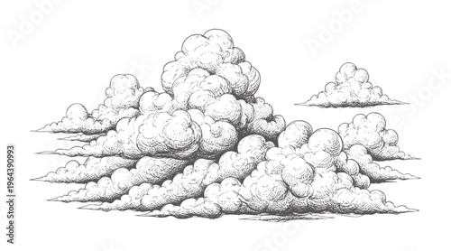 Of cumulus clouds against a white vintage monochrome black
