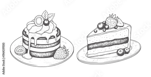 Two hand drawn cakes with berries and cream plates dessert food sweet berry