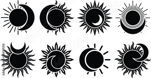 Celestial Bodies Sun and Moon Icons Set boho grid