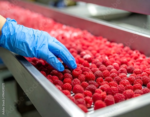 Raspberry Quality Control - Hand Inspecting Fresh Berries on Production Line.