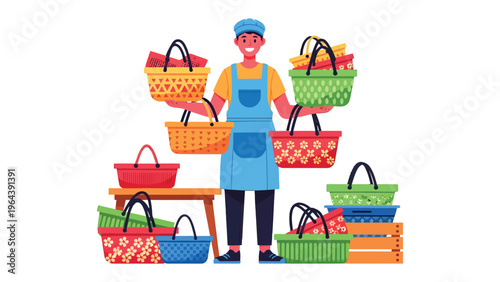 The Artisan Vendor: An artisan stands proudly amidst a colorful array of handcrafted baskets filled with artisanal goods, showcasing his wares with a beaming smile, a celebration of craft.