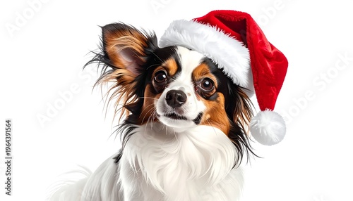 A cute, festive dog with a white, black, and tan coat, wearing a vibrant red and white Santa hat, set against a plain white background