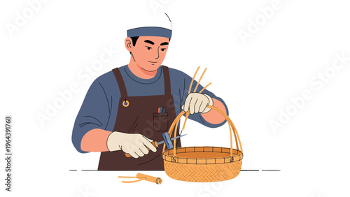 Crafting the Woven Tradition: An artisan meticulously crafts a handwoven basket, demonstrating skill and precision in the art of basketry.