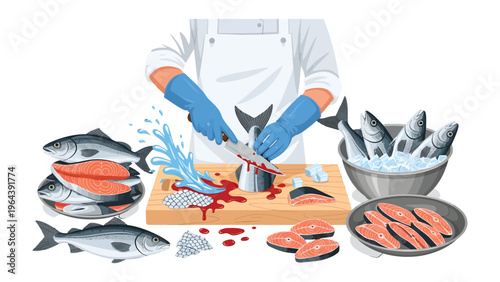 Cutting Fish: An expert culinary artist meticulously prepares fresh fish, the scene showcasing both precision and the artistry of seafood.