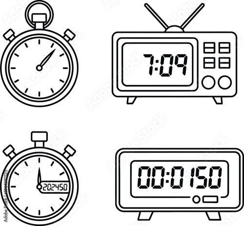 A line drawing of various time keeping devices including a stopwatch and digital clocks