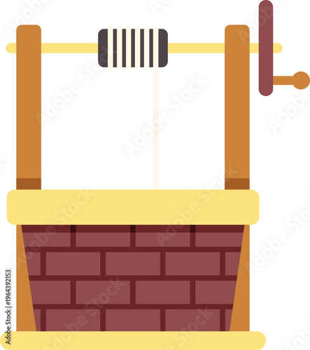 Water well structure with a brick base and wooden support for a rotating crank system
