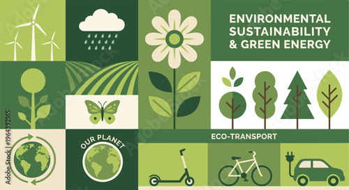 Environmental sustainability and green energy vector illustration featuring eco transport options, renewable power icons, nature elements, and recycling symbols