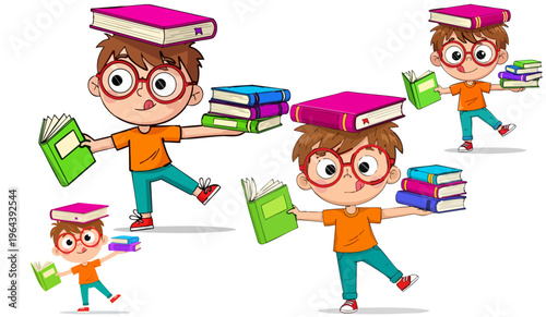 Cartoon school boy balancing books on head and hands, smart student character with glasses, educational vector set for children learning