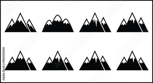 Collection of Eight Black Silhouette Mountain Peak Icons with Snow Caps mountains peaks