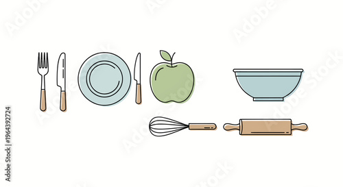 baking kitchen utensils and tools for cooking food preparation on table