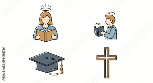 angelic students reading books with graduation cap and cross for education and religion