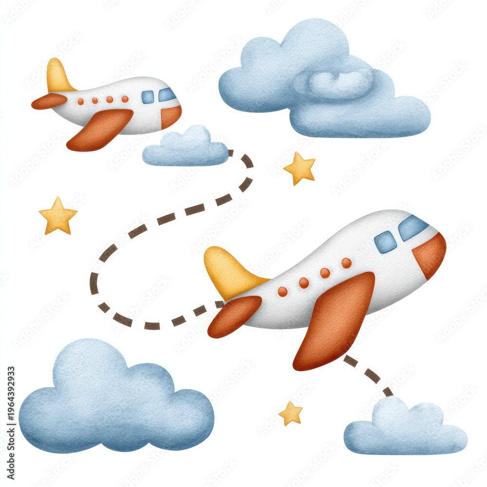 Naklejka premium Cartoon airplanes flying among clouds and stars in a whimsical sky scene on white background