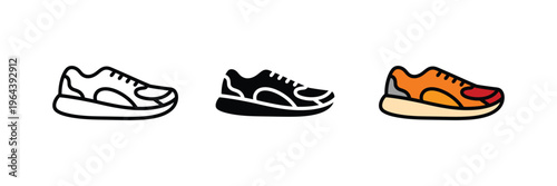 Athletic sneaker shoe for running, fitness and casual sports fashion icon set. Comfortable footwear for active lifestyle and gym symbol. Vector Illustration.