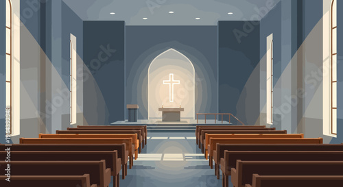 church interior with pews and cross on altar for worship and religious services