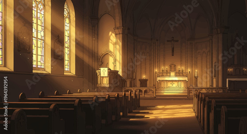 church interior with pews and altar for worship and religious events