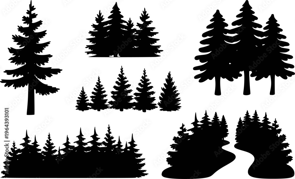 Fototapeta premium Black silhouette evergreen pine trees forest landscape collection various clusters and single trees