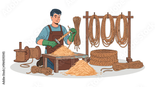 Crafting with Precision: A skilled artisan meticulously works on a rope, demonstrating traditional craftsmanship and attention to detail. 