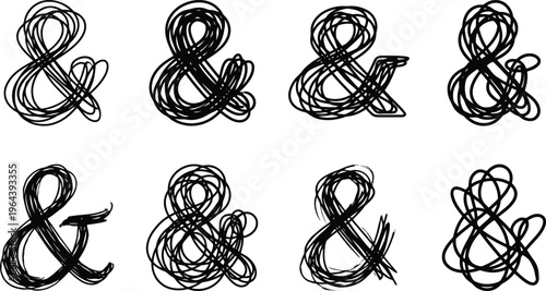 Collection of Eight Hand Drawn Scribbled Ampersand Symbols in Black on White conjunction ligature