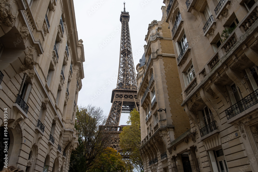 Fototapeta premium Walking in Paris in autumn, view on streets and buildings and iconic Eiffel tower in daytime