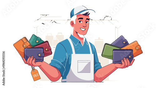 Wallet Seller's Showcase: A friendly vendor enthusiastically displays an array of colorful wallets, promoting a sale and showcasing a variety of styles and designs.