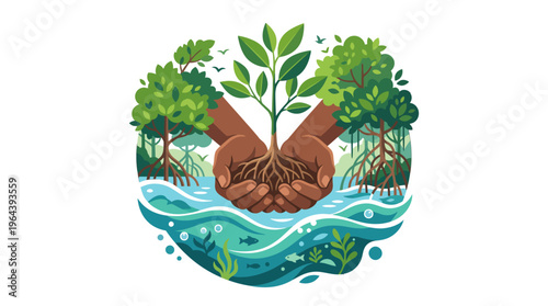 Hands Nurturing Green Plant with Roots, Mangrove Trees, Water, and Fish. Environmental Protection and Sustainable Growth.