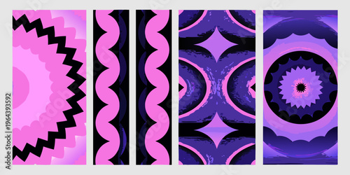 Abstract geometric patterns in vibrant pink and purple shades displayed vertically