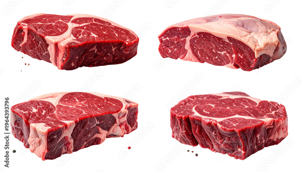 Obraz premium Four raw, marbled beef cuts, isolated on black background, showcasing different angles