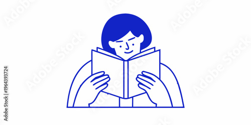 A minimalist illustration of a woman engrossed in reading a book