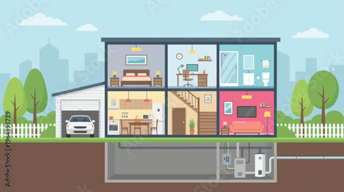 Flat Vector Cross Section Illustration of a Modern Two Story House with Garage Basement Furniture and Residential Rooms Layout