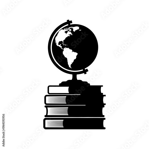 A black silhouette of a globe resting on a stack of books, symbolizing education and global knowledge.