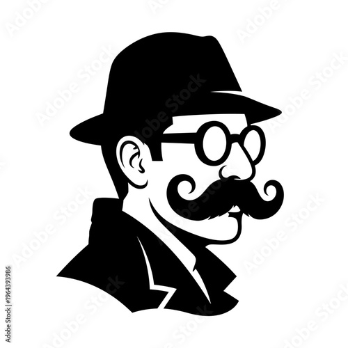 Stylized black and white illustration of a man with a fedora, round glasses, and a large curly mustache, depicted in profile.