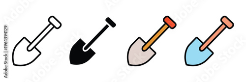 Hand shovel for gardening and soil digging work icon set. Manual spade tool for agriculture, construction, and planting symbol. Vector Illustration.