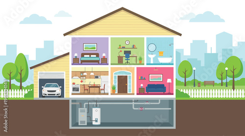 Cross section of a modern smart home showing garage, kitchen, living room, bedroom, office, bathroom, and basement utility systems