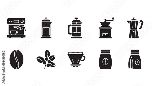 Coffee brewing and café equipment glyph icon set for barista tools, bean sourcing, and specialty coffee preparation design