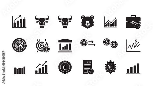 Stock market and financial trading glyph icon set for bull bear trends, investment analysis, and currency exchange design