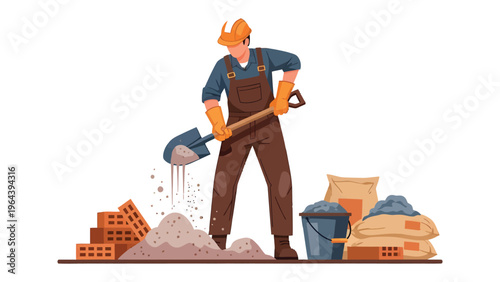 Construction Worker at Work: A construction worker in a hard hat and protective gloves is seen laboring with a shovel and mixing materials. 