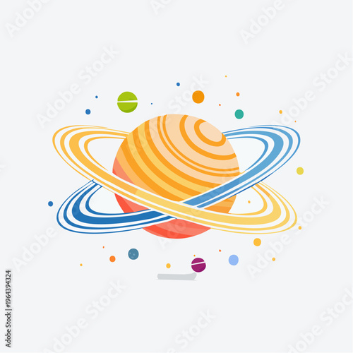 Stylized cartoon saturn planet with multi colored rings and celestial bodies in outer space vector illustration design