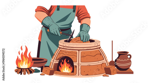 Artisan at Work: Capturing an artisan meticulously tending to a wood-fired oven. The scene evokes a sense of tradition and craftsmanship, where skilled hands mold the earth into art.